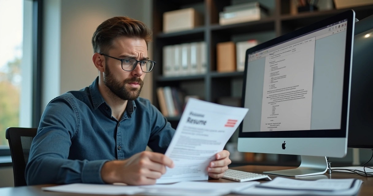 Candidato frustrado com currículo na frente de computador analisado por recrutador em ambiente de escritório moderno 