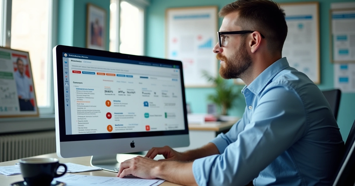 Político usando computador para organizar contatos de eleitores