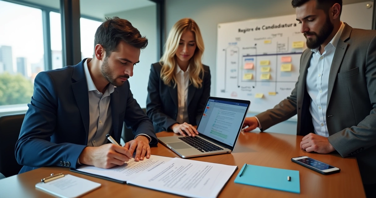 Pré-candidato brasileiro assinando documentos de registro de candidatura em mesa com assessores 