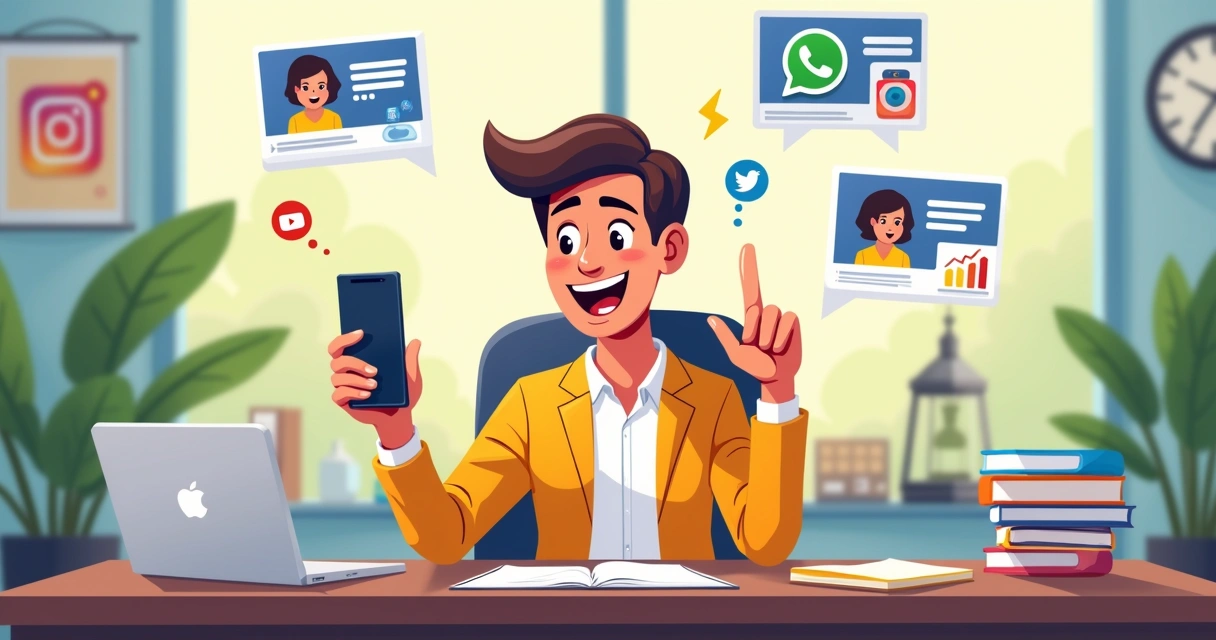 Candidato político no celular publicando conteúdo em várias redes sociais