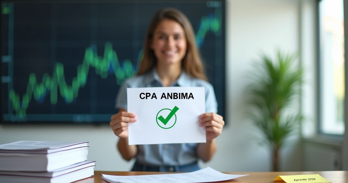 Candidato sorrindo ao segurar certificado de aprovação em prova financeira 