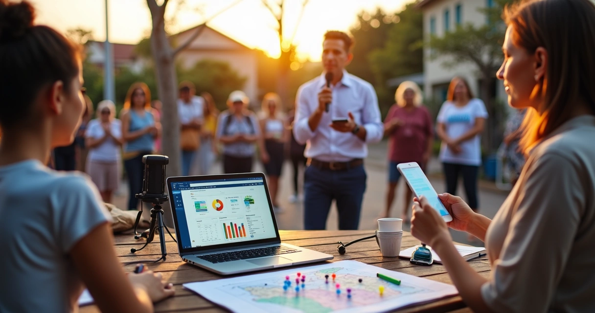 Pré-candidato a prefeito em comício pequeno conversando com eleitores e equipe de campanha 