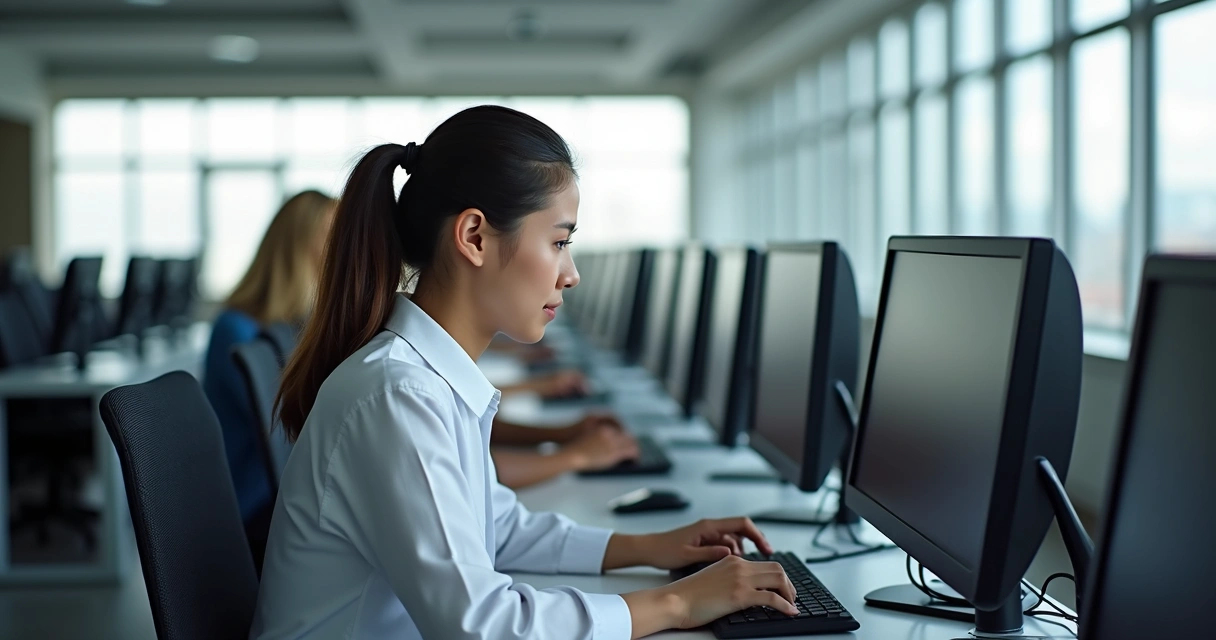 Pessoa digitando respostas da prova teórica da CNH em computador, ambiente moderno, vista lateral