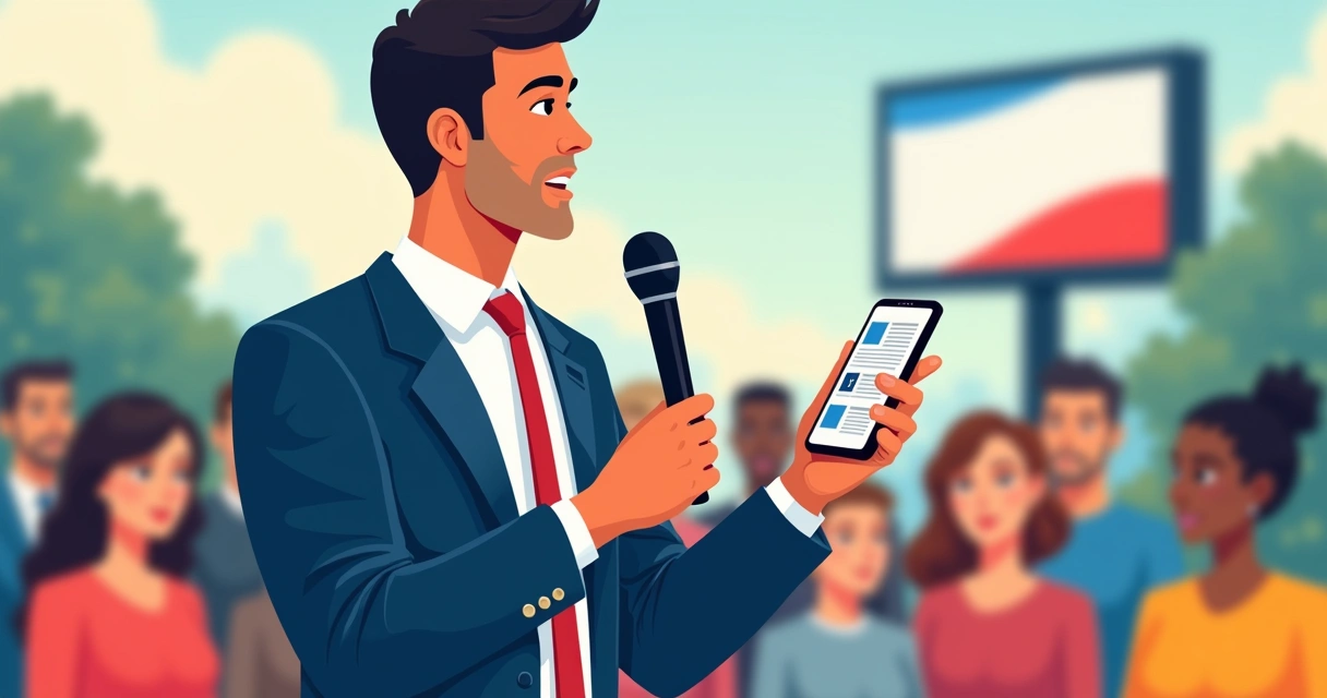 Candidato usando celular, microfone em evento e outdoor ao fundo 