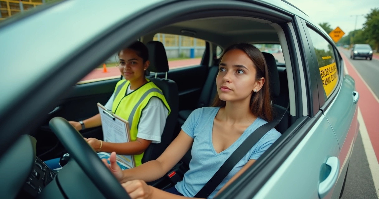 Candidato sentado dentro do carro de autoescola após reprovar no exame prático 