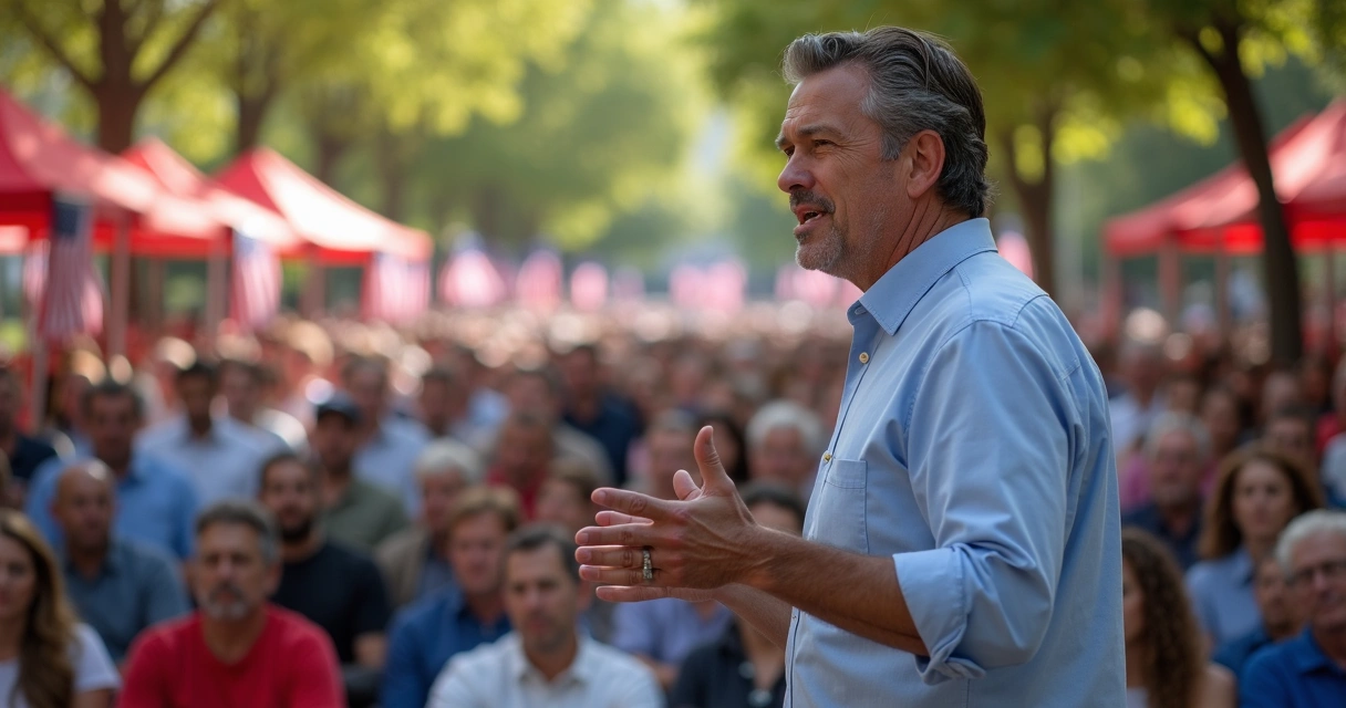 Candidato conversando com grupo de eleitores em praça, gesticulando ao falar. 