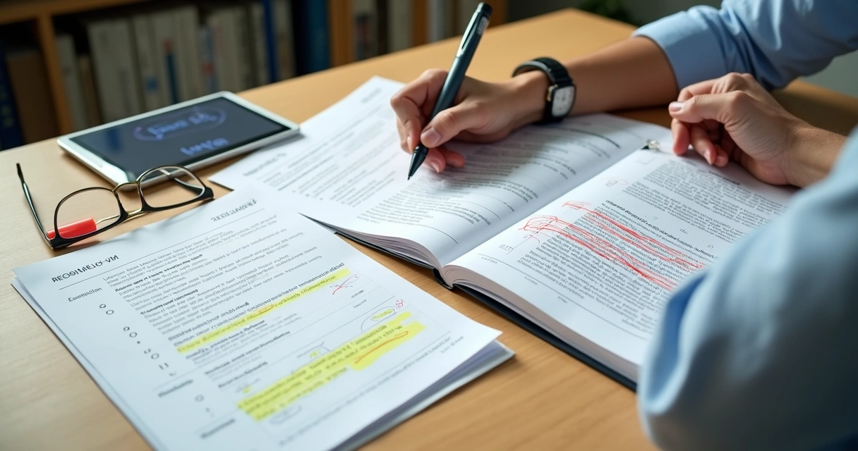 Candidato revisando caderno de provas com edital e gabarito ao lado 