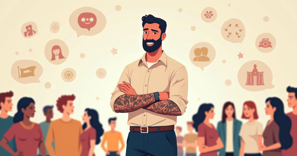Candidato político com tatuagens visíveis em cenário eleitoral moderno 