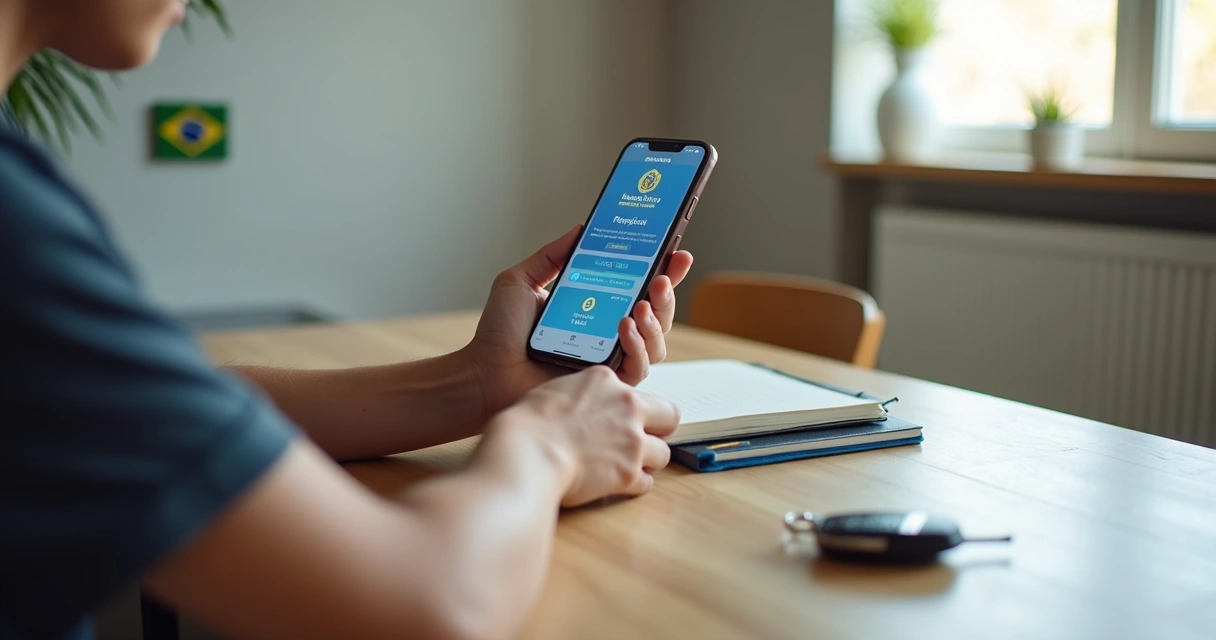 Jovem usando aplicativo de CNH no celular para tirar a primeira habilitação 