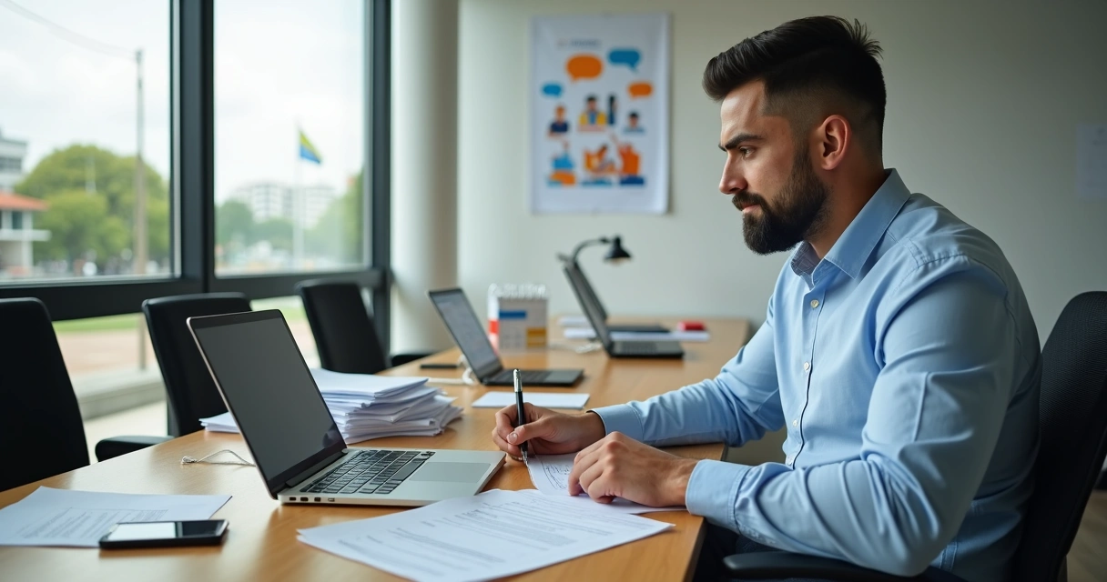 Pré-candidato a vereador sentado em mesa com documentos eleitorais e notebook 