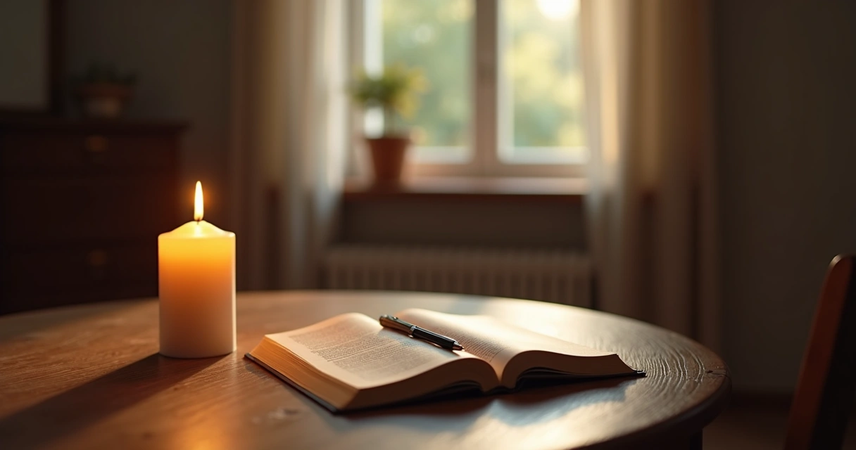 Candle, journal, and window with soft morning light 