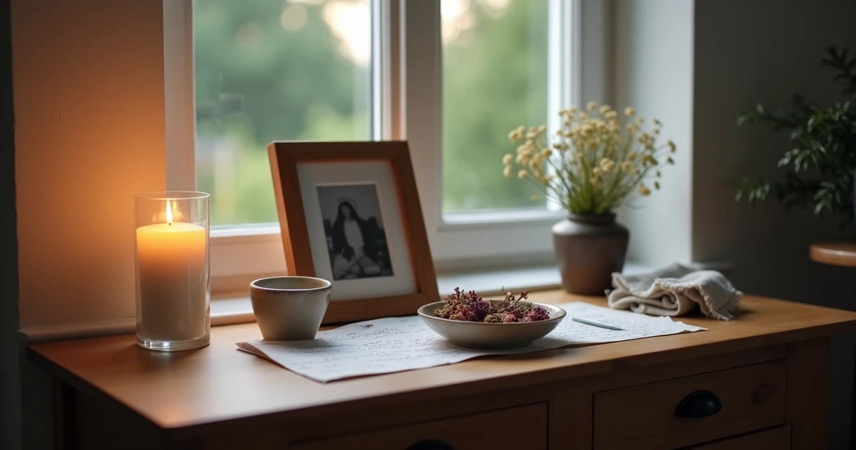 Candle and framed photo on a memory table