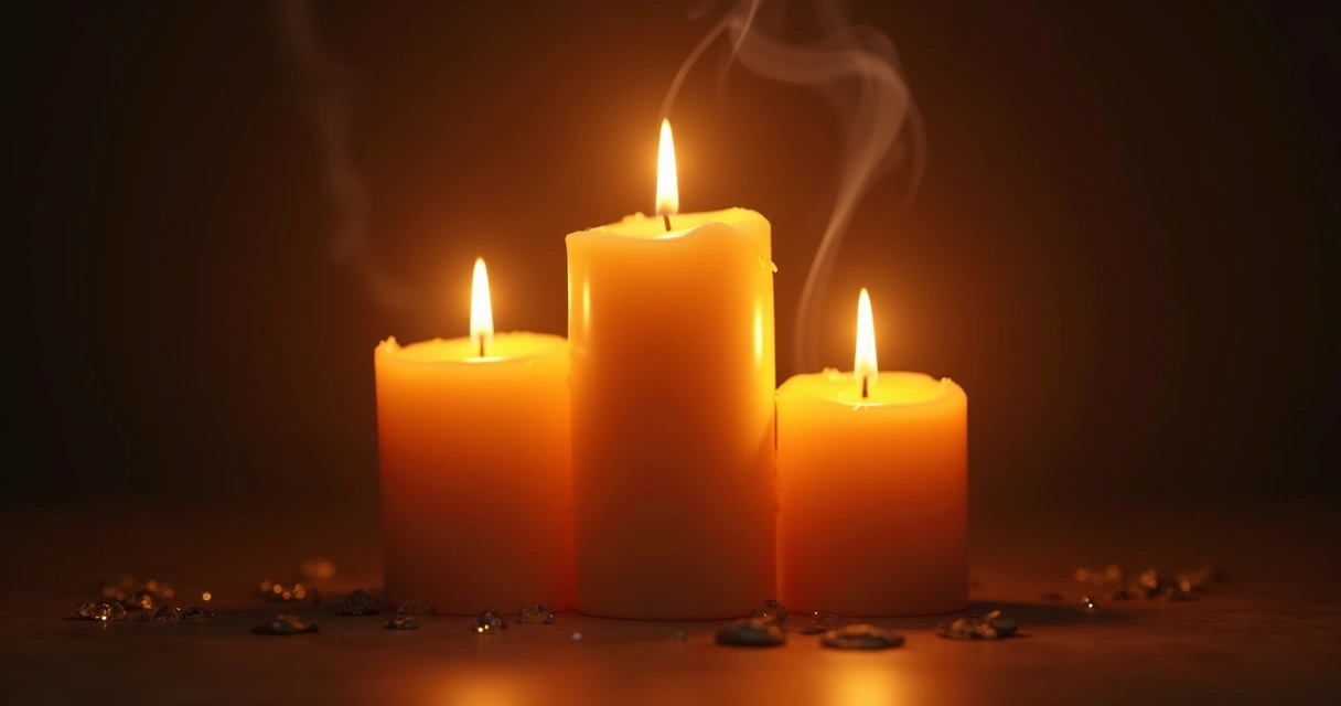 Three candles burning with bright flames in a dark room 
