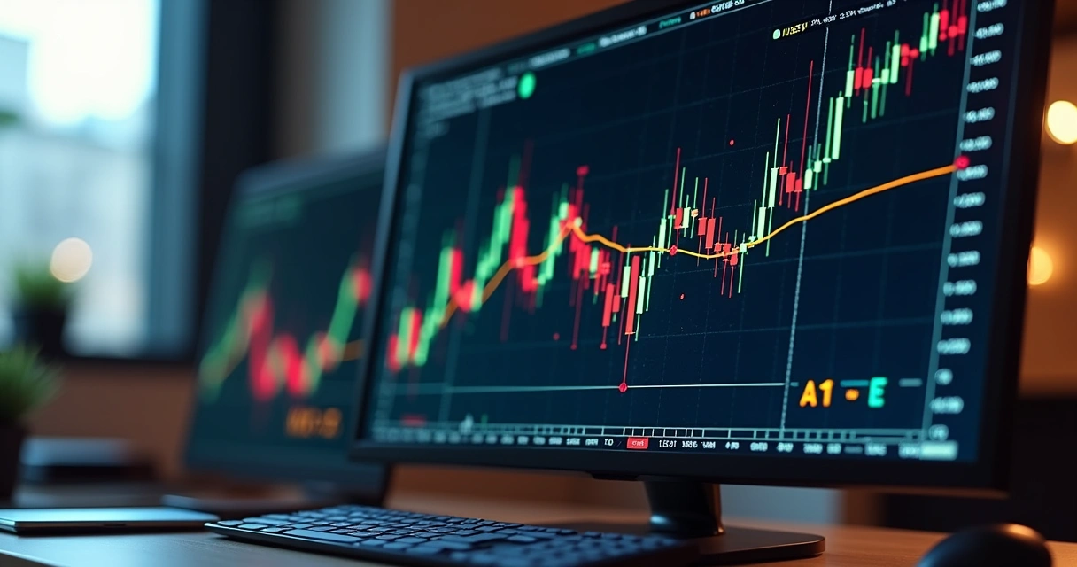 Gráfico de candles exibindo tendência de alta em ação da bolsa com médias móveis desenhadas 