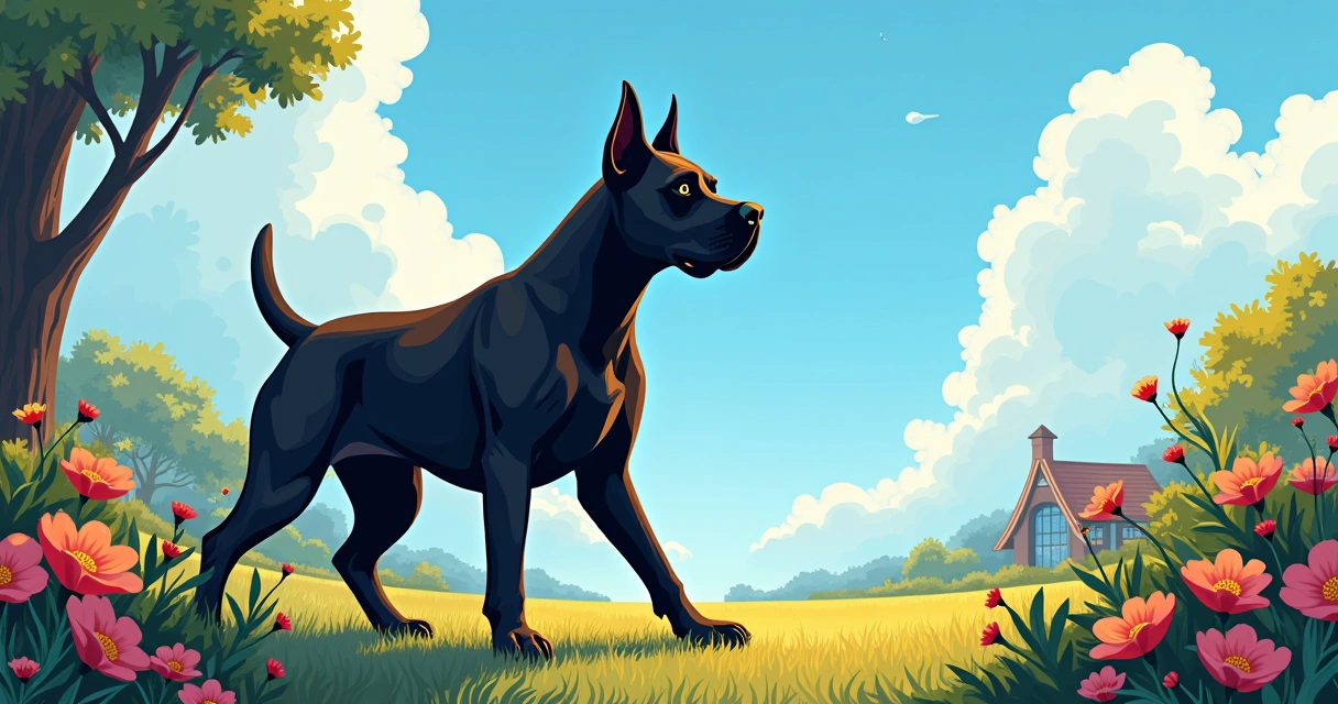 Cane Corso robusto em um jardim ensolarado, destacando sua força e características de cão de guarda.