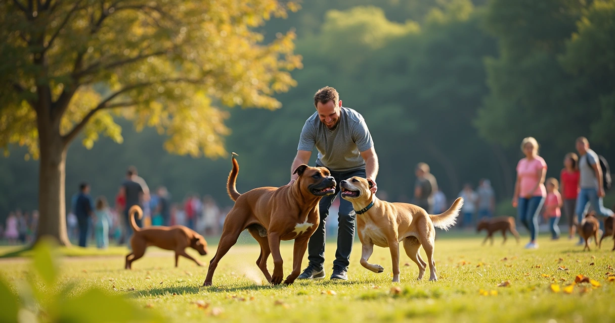Um Cane Corso brincando no parque com seu dono, mostrando união e socialização em um ambiente alegre.