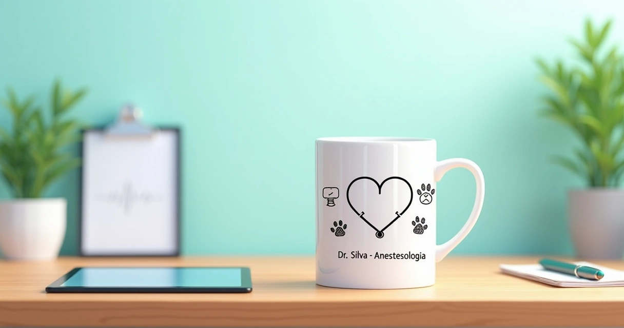 Caneca de anestesista personalizada com nome sobre mesa de consultório veterinário 