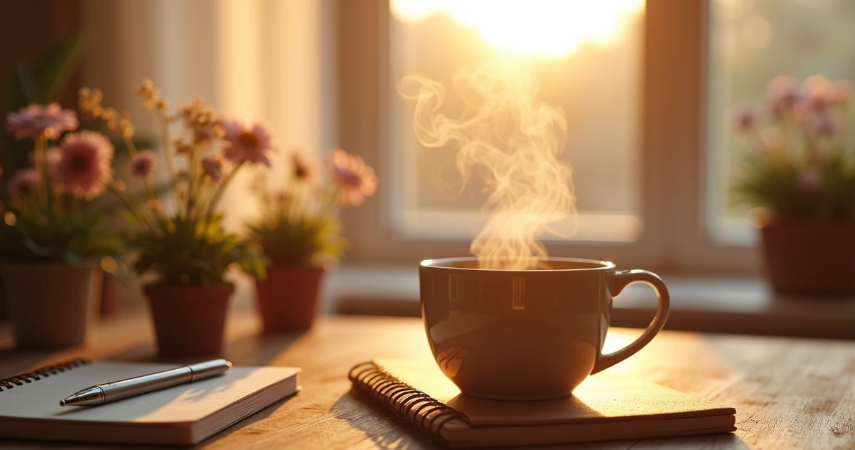 Caneca de chá quente sobre uma mesa ao nascer do sol 