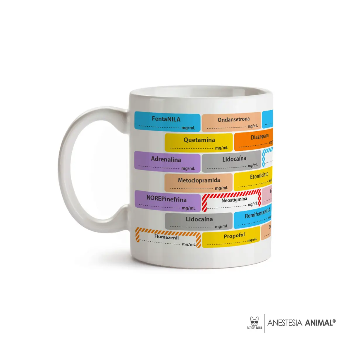 Caneca branca com estampa colorida de nomes de medicamentos anestésicos e seus espaços para graduação em mg/mL
