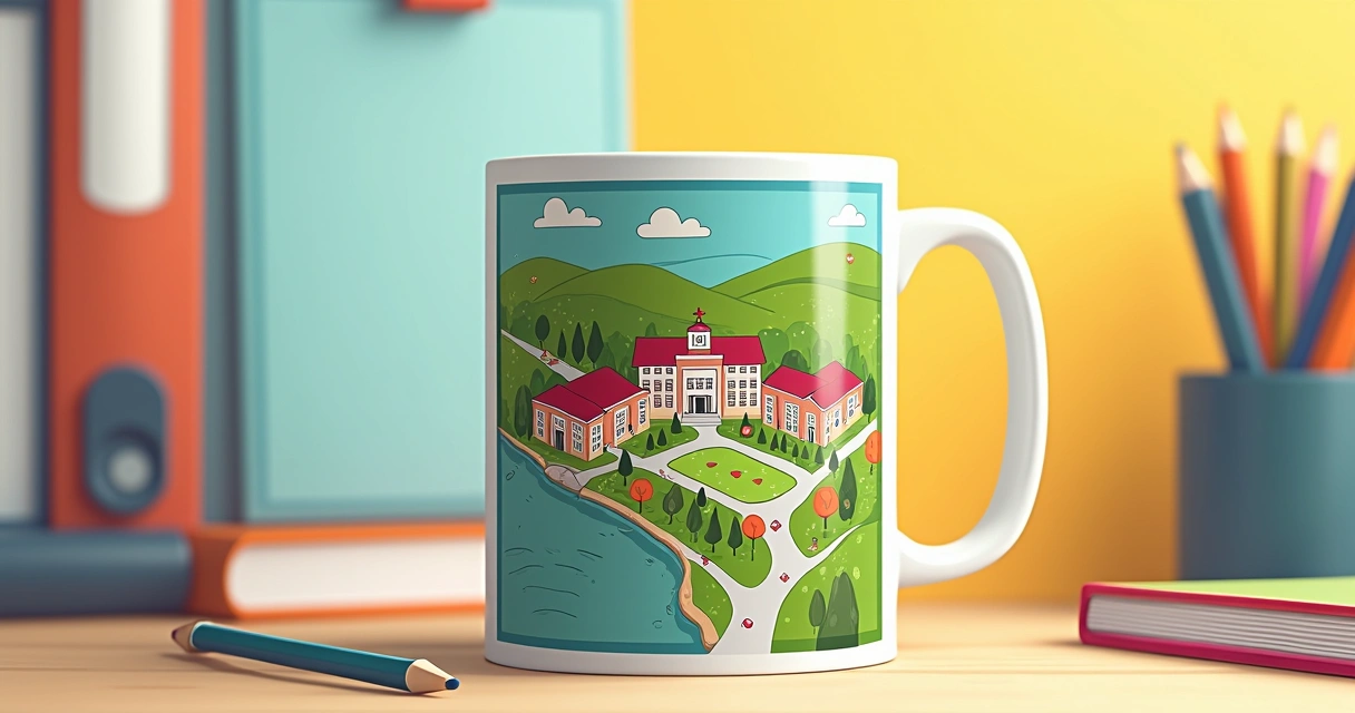 Caneca personalizada mostrando mapa da escola com detalhes coloridos 