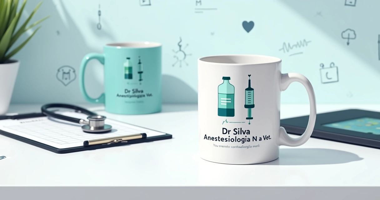 Caneca de médico anestesiologista personalizada com nome em consultório moderno 