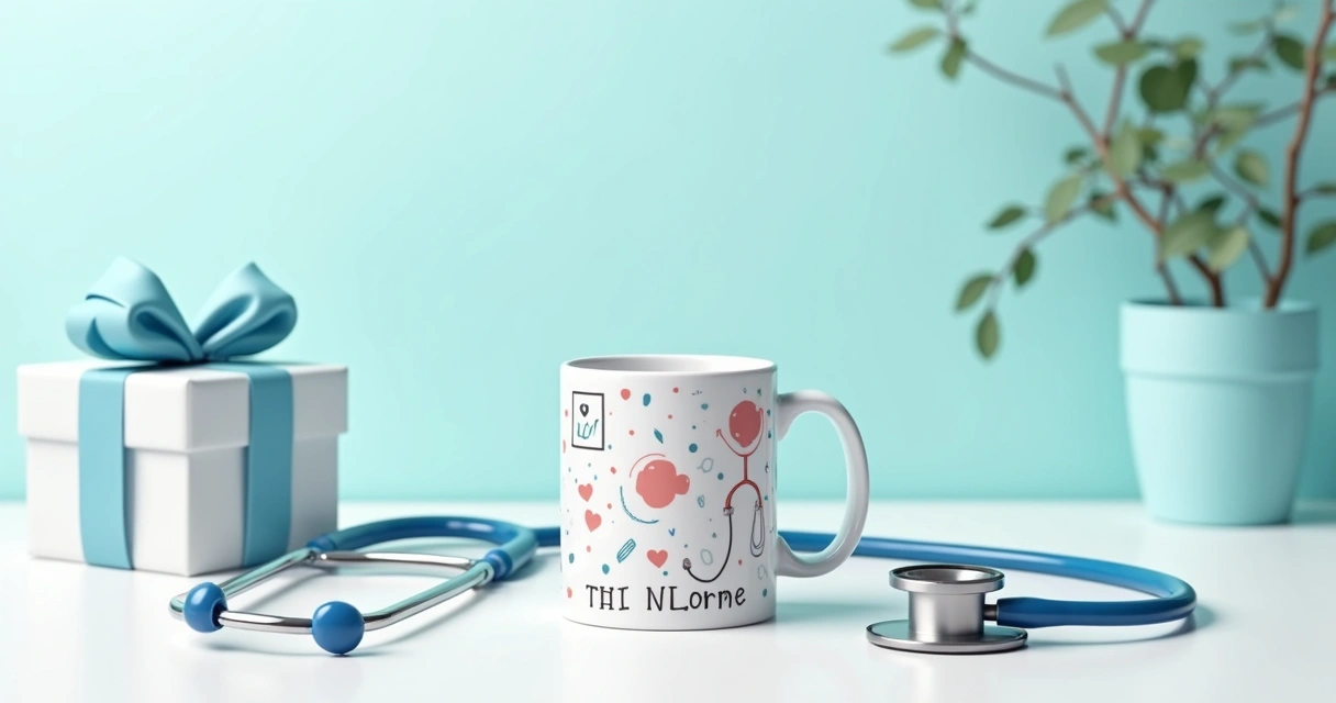 Caneca personalizada com tema de anestesista ao lado de estetoscópio 