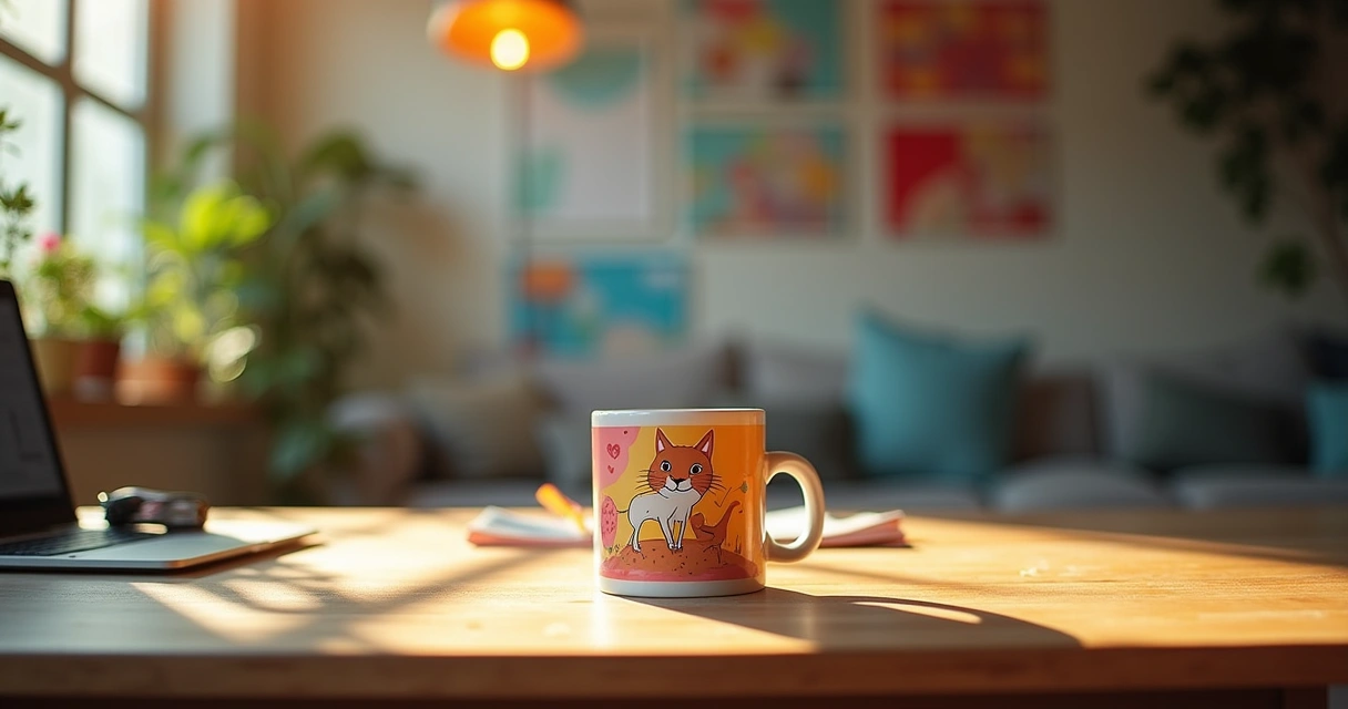 Caneca personalizada com imagem de gato em mesa de trabalho criativa com ferramentas de design.