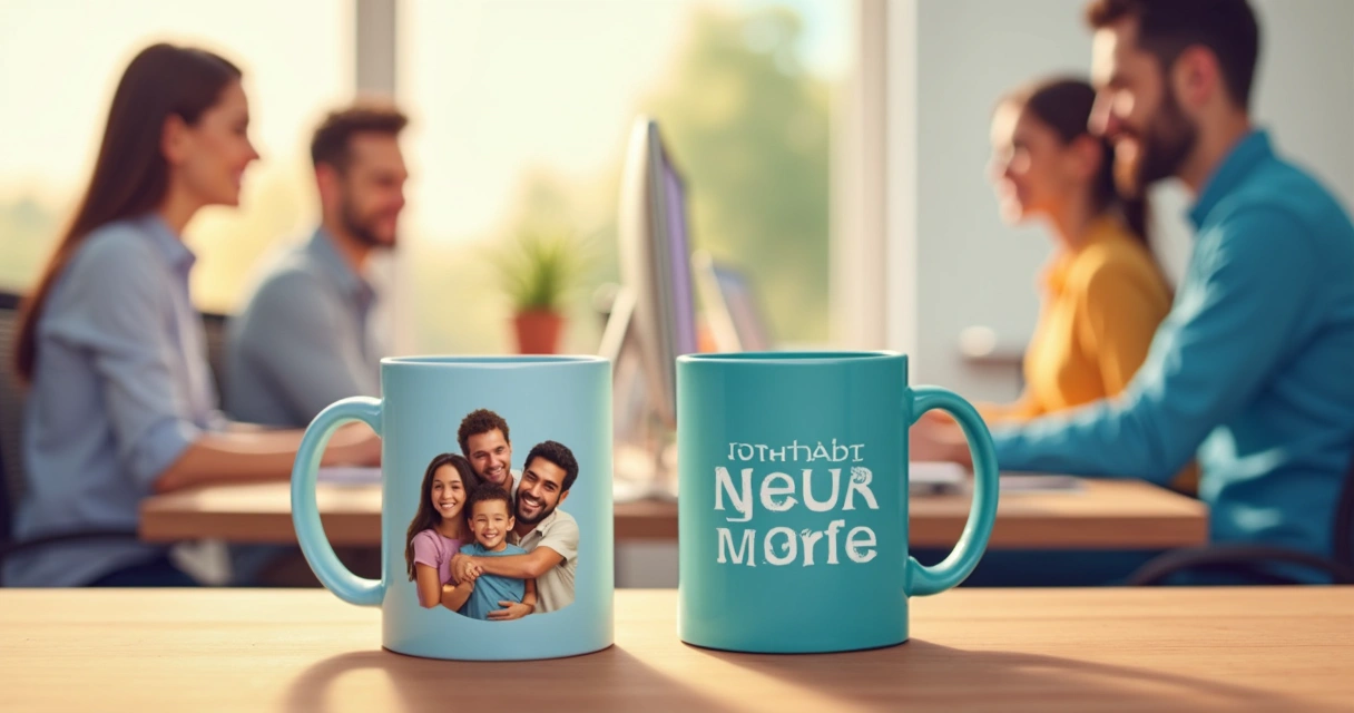 Canecas personalizadas em ambiente de escritório com amigos 