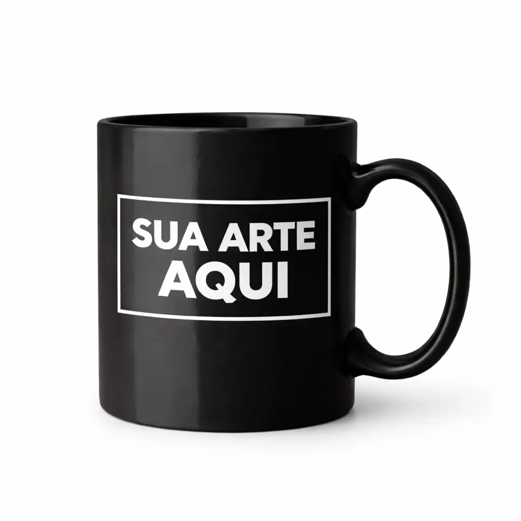 Caneca preta personalizada com texto branco 'SUA ARTE AQUI'