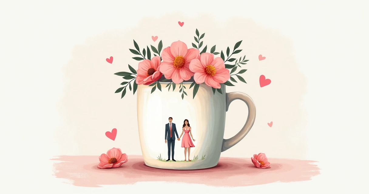 Caneca personalizada com desenho de casal e flores 