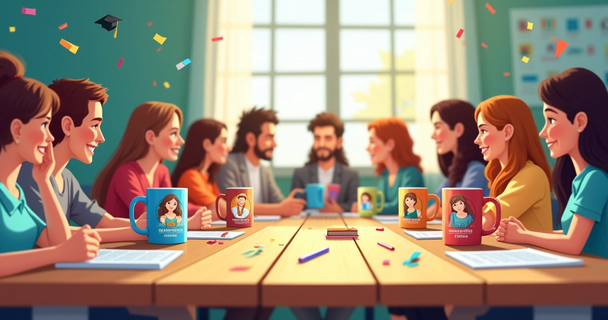 Canecas personalizadas em uma mesa ao lado de chapéus de formatura 