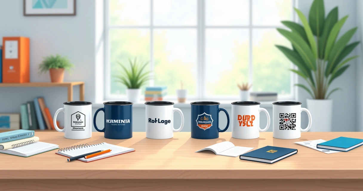 Conjunto de canecas corporativas com estilos variados sobre mesa de apresentação 