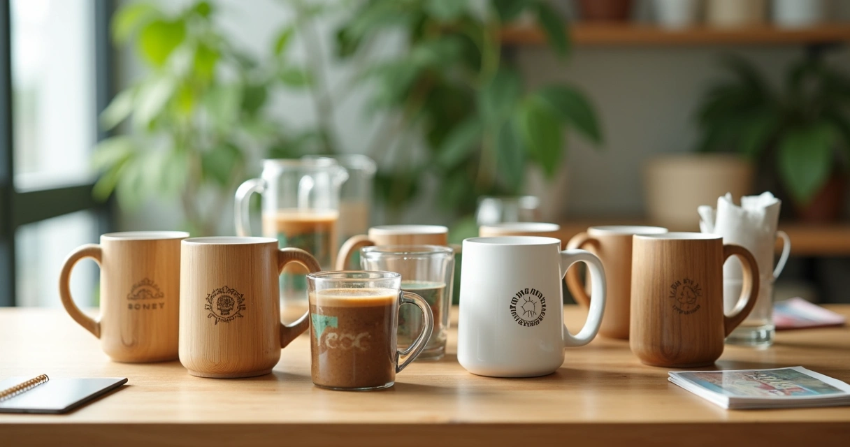 Canecas ecológicas de diferentes materiais, com personalização digital colorida 