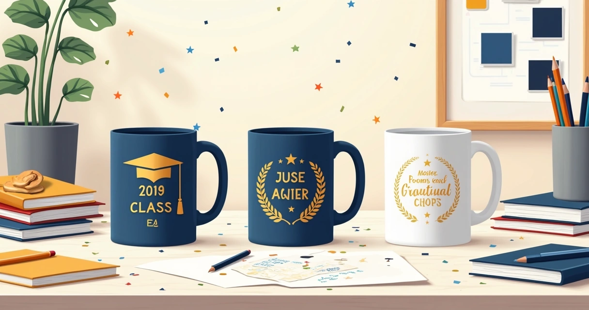 Canecas de formatura personalizadas com cores da turma e elementos escolares 