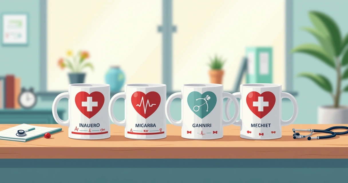 Canecas de medicina personalizadas em mesa de consultório 