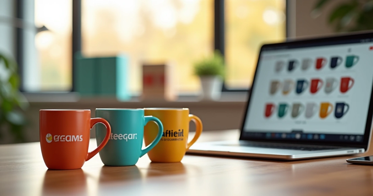 Várias canecas personalizadas de diferentes cores em uma mesa de reunião 