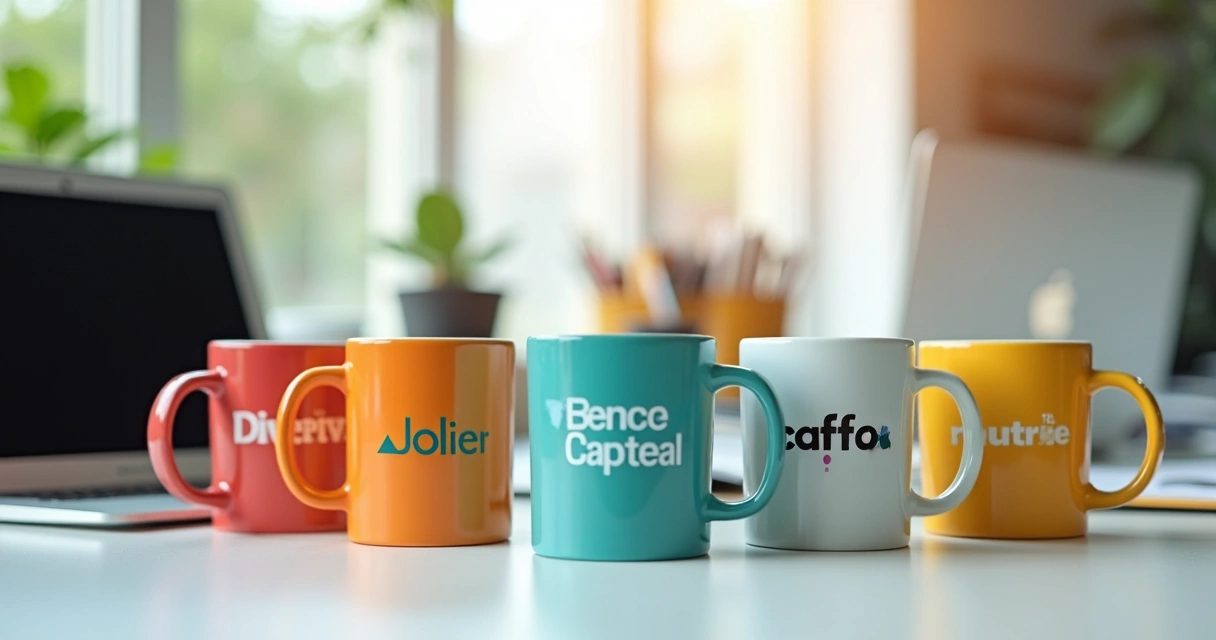 Canecas personalizadas com logotipo de empresa em uma mesa de escritório 