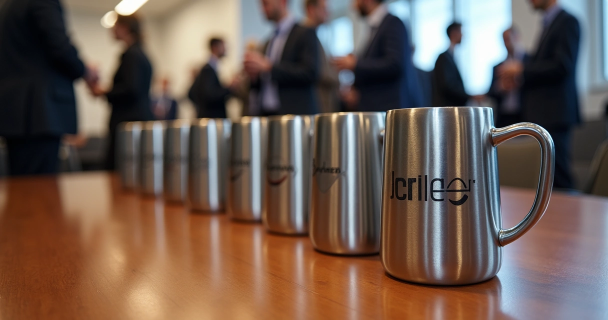 Canecas de inox personalizadas organizadas em uma mesa de eventos corporativos 