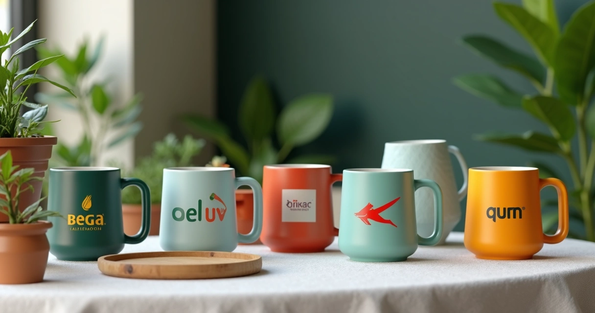 Mesa com canecas ecológicas personalizadas em evento corporativo