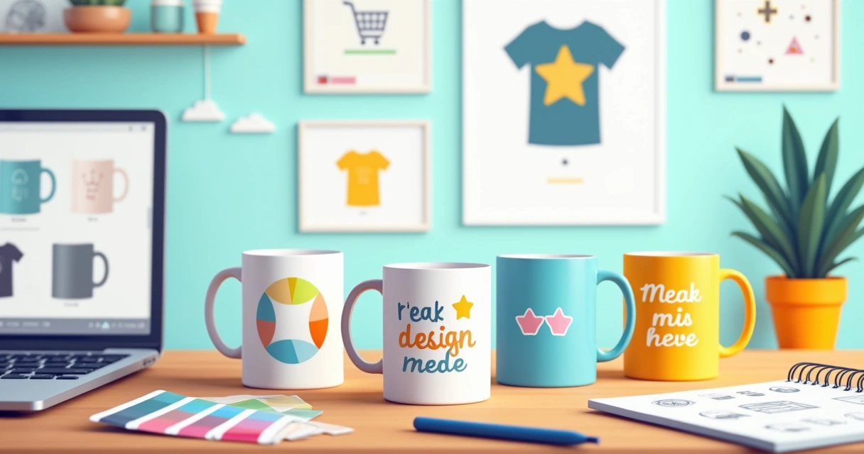 Ilustração de canecas personalizadas coloridas em destaque sobre mesa de escritório criativo 