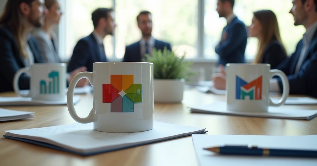 Canecas de porcelana personalizadas com logo posicionadas sobre mesa em ambiente corporativo 
