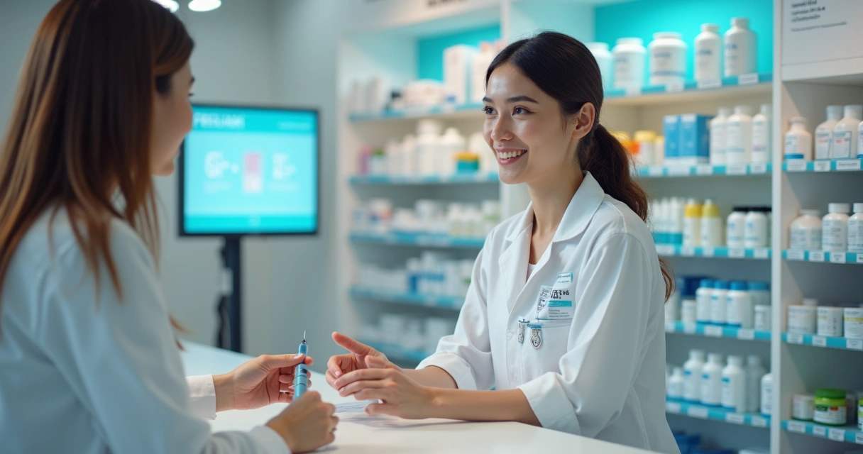Paciente recebendo orientação de farmacêutica sobre caneta emagrecedora, produtos farmacêuticos modernos ao fundo 
