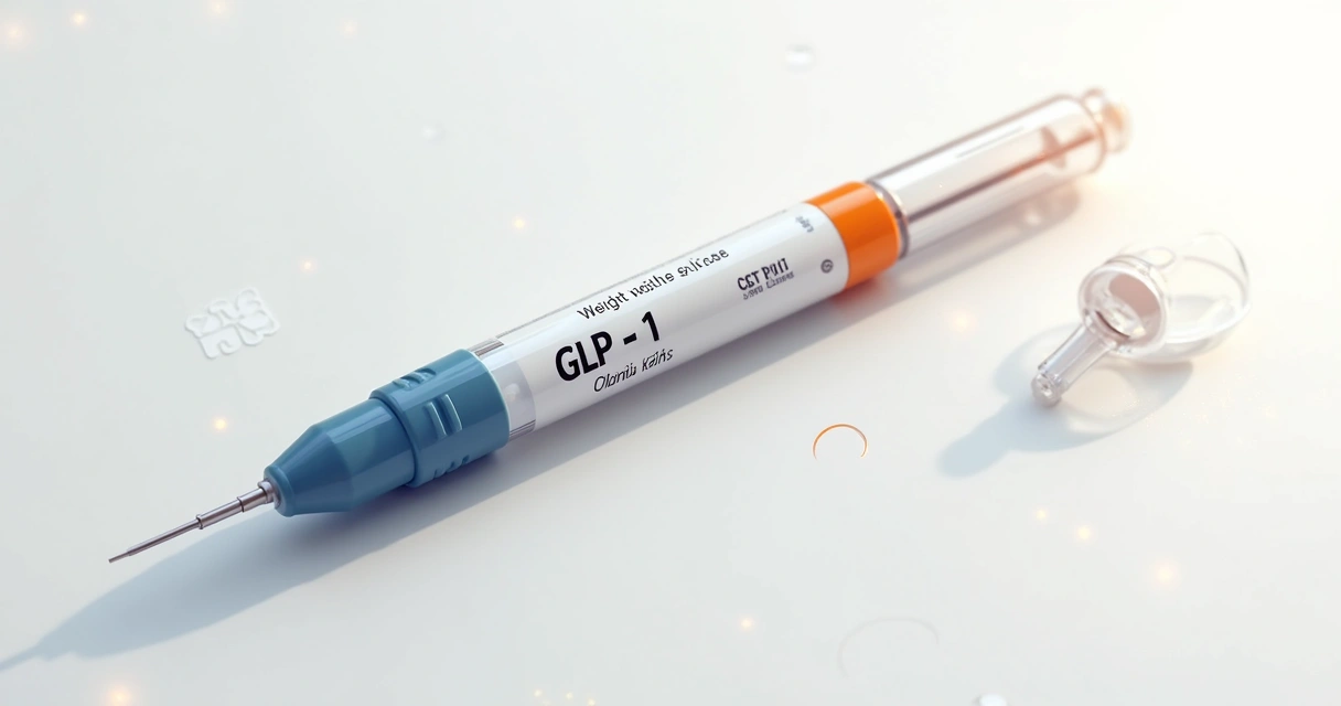 Caneta de medicamento GLP-1 em fundo branco com detalhes coloridos 