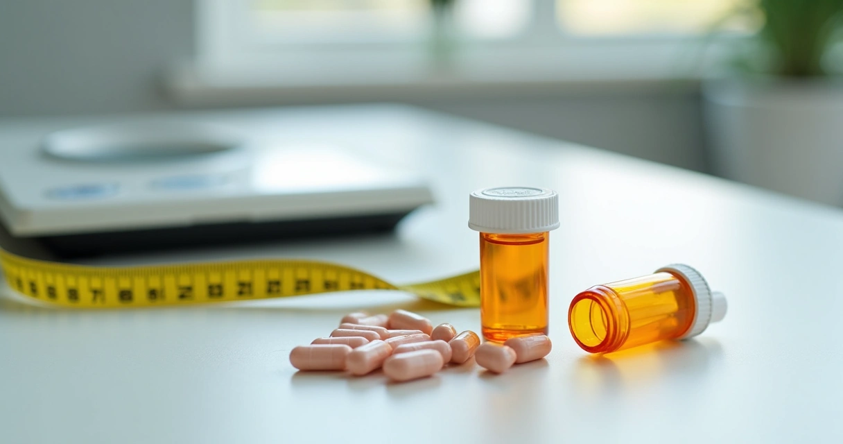 Frascos de medicamentos para emagrecimento ao lado de uma fita métrica 