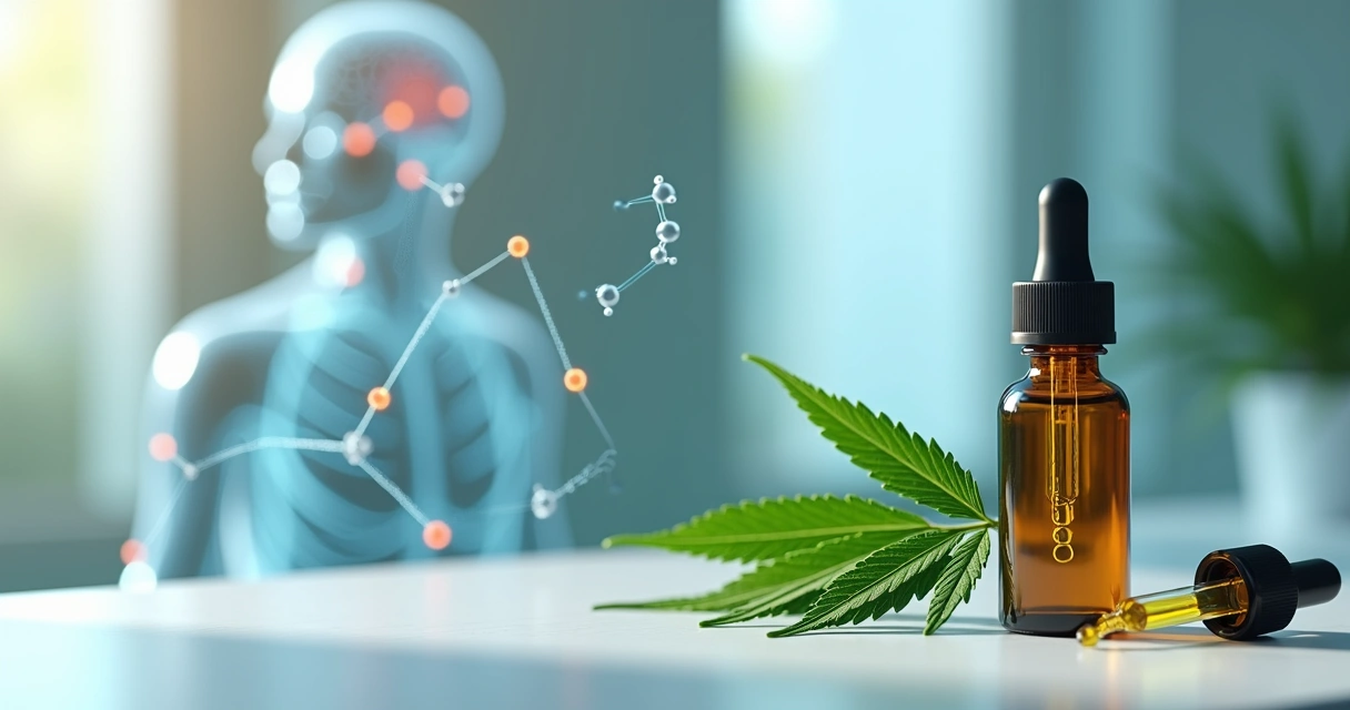 Ilustração realista de frasco de óleo de cannabis medicinal ao lado de molécula de canabinoides e esquema de receptores CB1 e CB2 