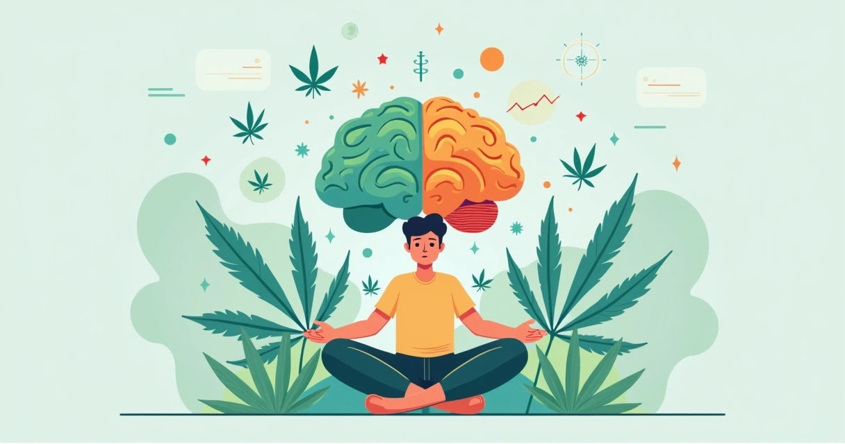 Ilustração de pessoa tranquila com cérebro e folha de cannabis ao fundo 