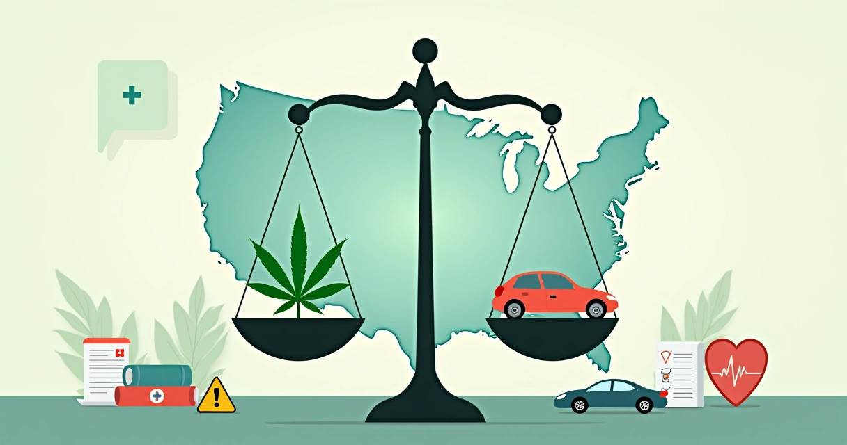 Ilustração de balança com folha de cannabis e símbolos de saúde e lei nos Estados Unidos 