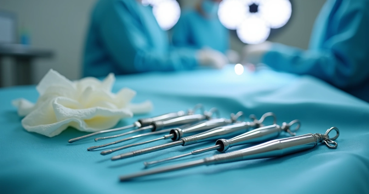Instrumentos cirúrgicos de lipoaspiração em mesa esterilizada 