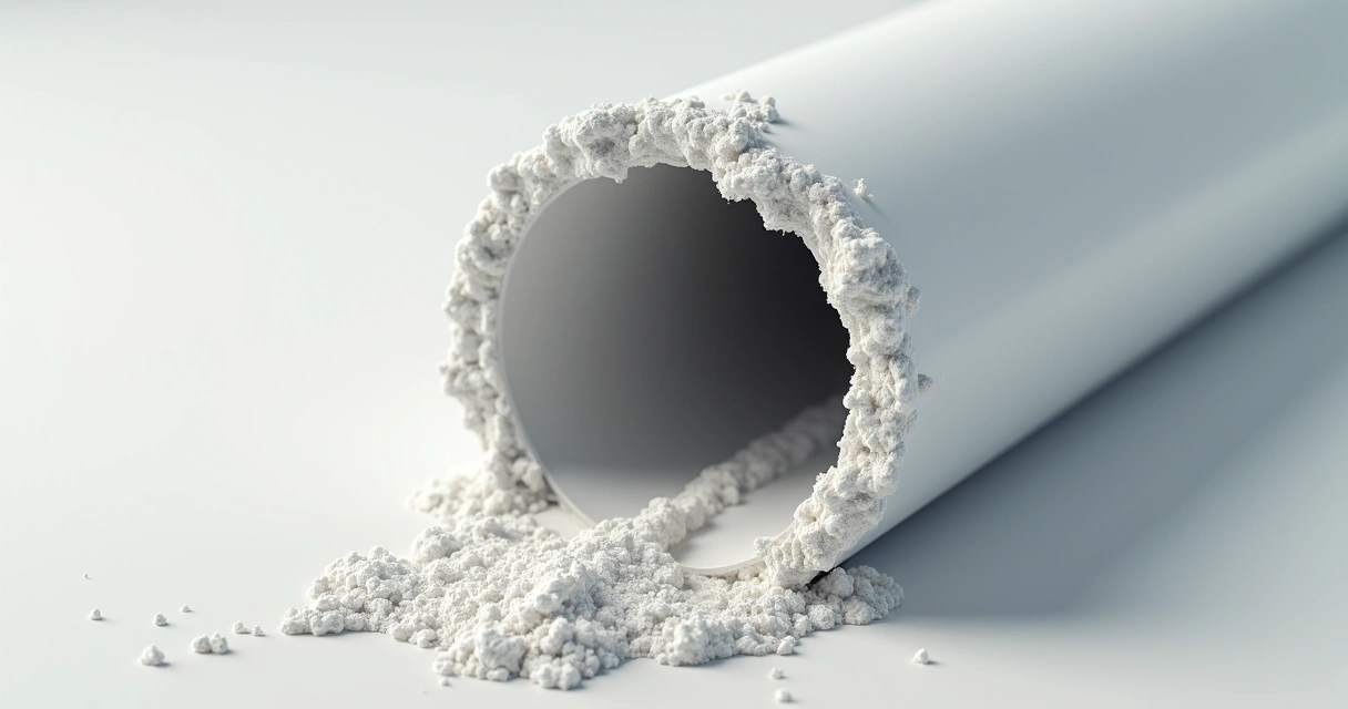 Cano doméstico de PVC com crosta branca endurecida por uso de soda cáustica 