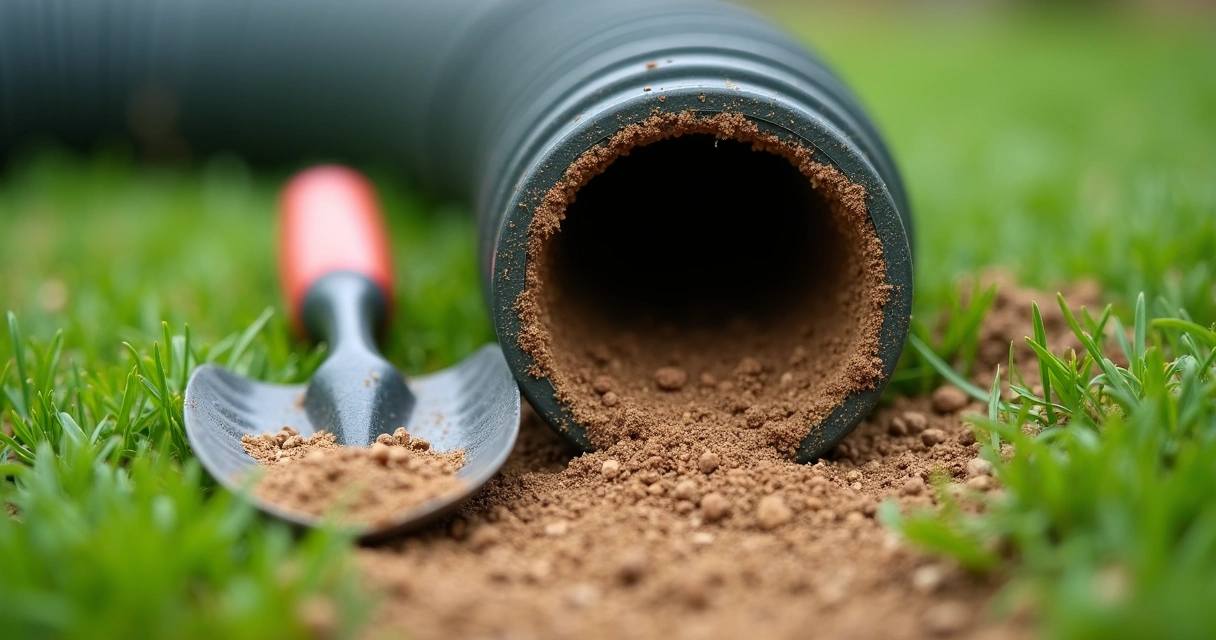 Detalhe de um cano de jardim com acumulação de terra e areia no interior 